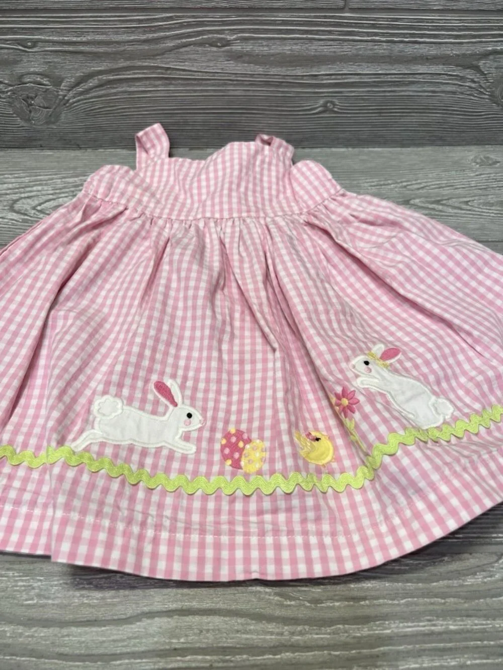 Gymboree Pink Gingham Easter Bunny Applique Jumper Dress Rick Rack Trim 6-9 M